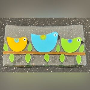 Decorative Art Glass Tray with Bird Accent